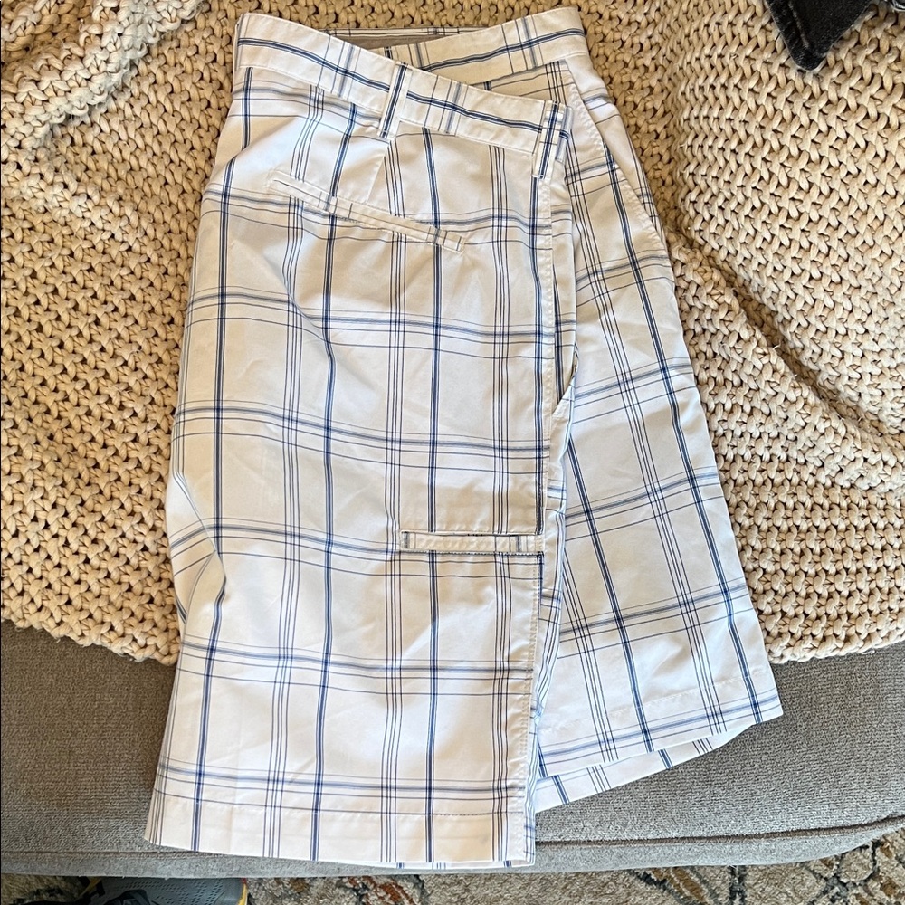 Men's Flat Front Plaid Shorts - White and Blue